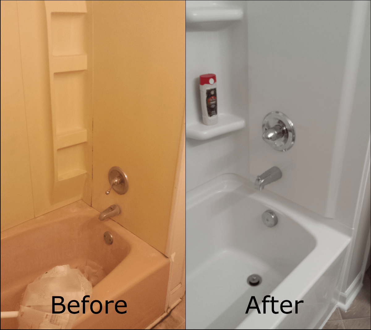 Before and after pictures of a bath remodel.